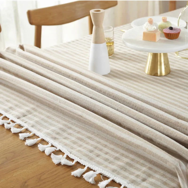 Nappe carrée rayée en coton lin beige