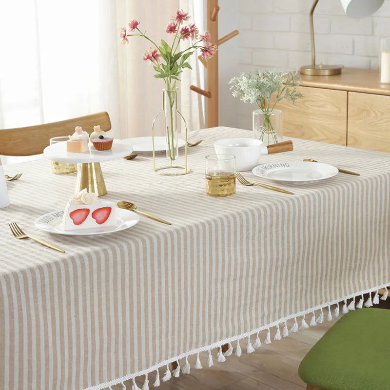 Nappe carrée rayée en coton lin beige