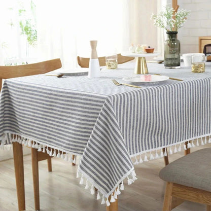 Nappe carrée rayée en coton lin bleu