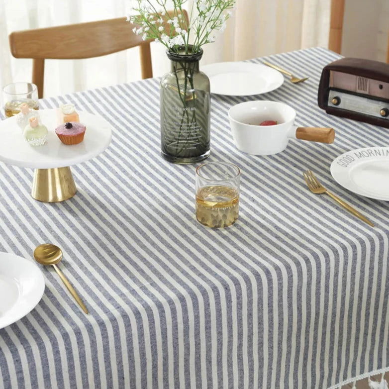 Nappe carrée rayée en coton lin bleu