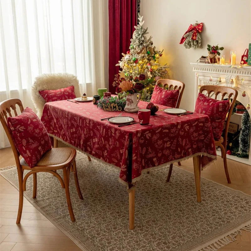Nappe de Noël Jacquard en polycoton motif Fête rouge et beige (bord brodé)