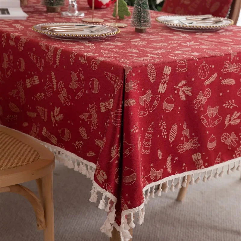 Nappe de Noël Jacquard en polycoton motif Fête rouge et beige (bord brodé)