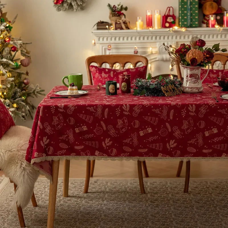 Nappe de Noël Jacquard en polycoton motif Fête rouge et beige (bord brodé)