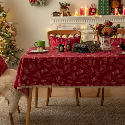 Nappe de Noël Jacquard en polycoton motif Fête rouge et beige (bord brodé)