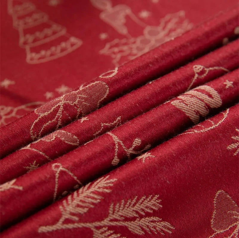 Nappe de Noël Jacquard en polycoton motif Fête rouge et beige (bord brodé)