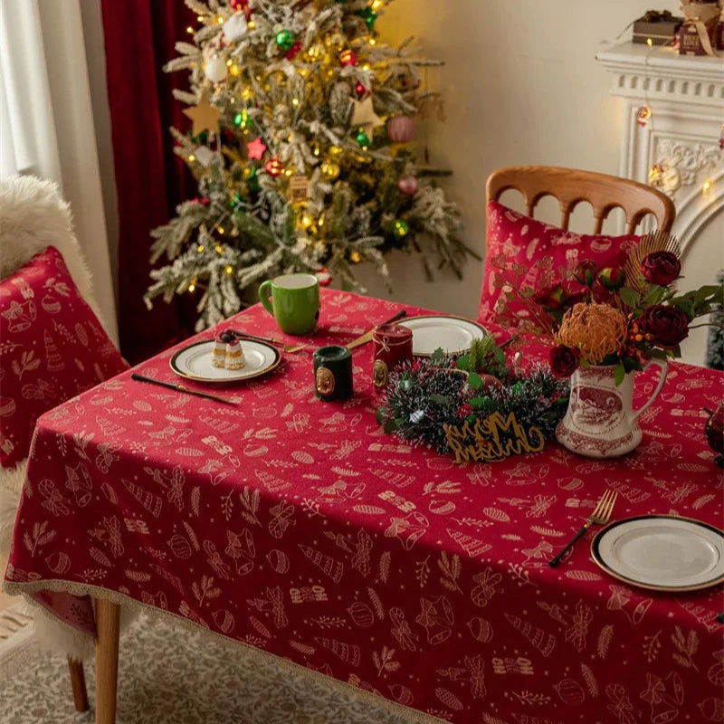 Nappe de Noël Jacquard en polycoton motif Fête rouge et beige (bord brodé)