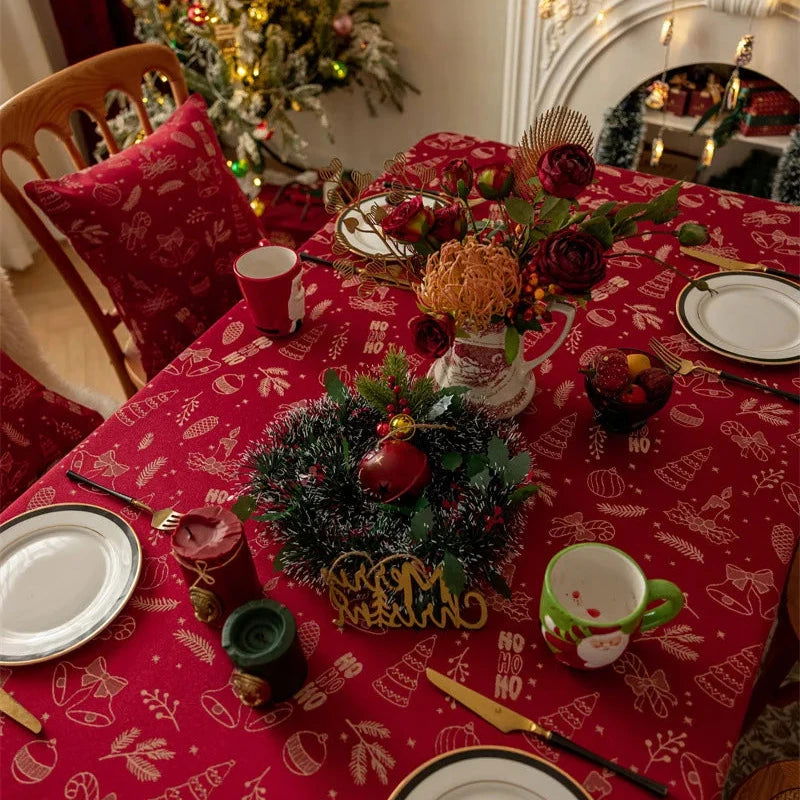 Nappe de Noël Jacquard en polycoton motif Fête rouge et beige (bord brodé)