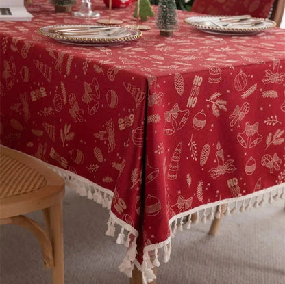 Nappe de Noël Jacquard en polycoton motif Fête rouge et beige (pampilles)