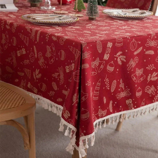 Nappe de Noël Jacquard en polycoton motif Fête rouge et beige (pampilles)