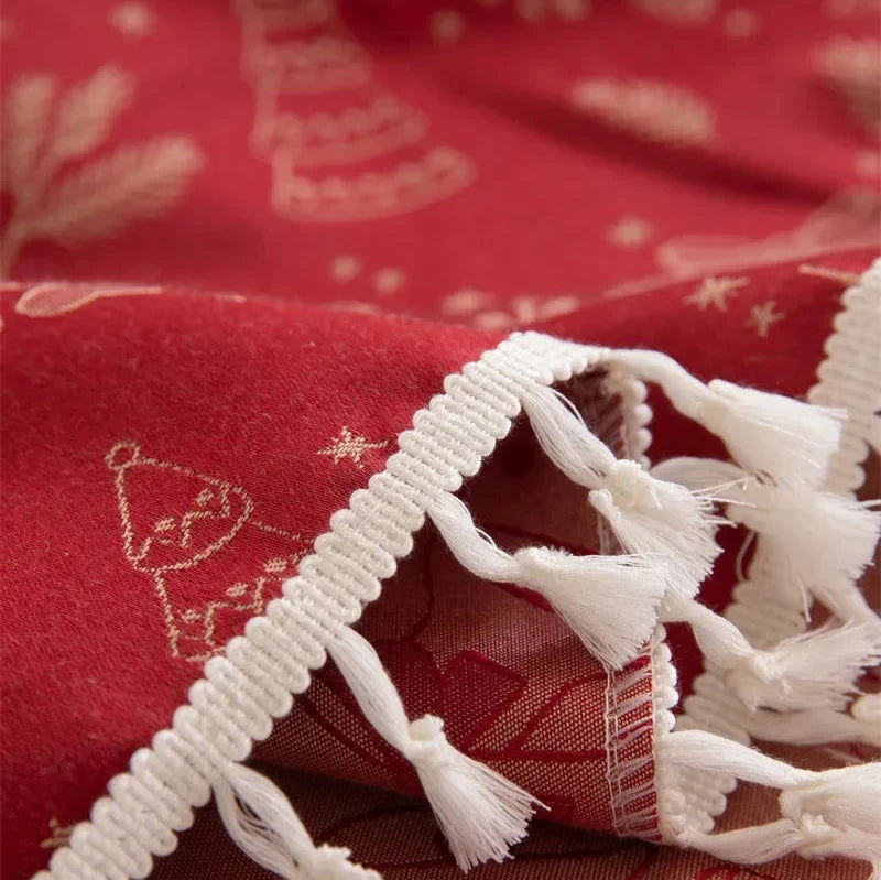 Nappe de Noël Jacquard en polycoton motif Fête rouge et beige (pampilles)