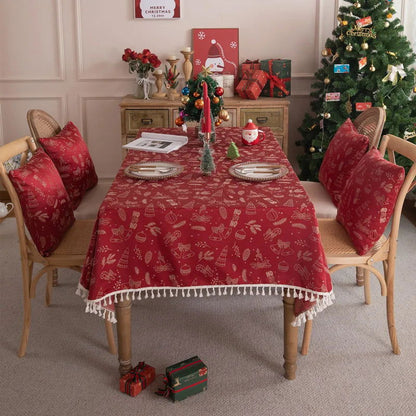 Nappe de Noël Jacquard en polycoton rouge motif Sapins et rênes pampilles