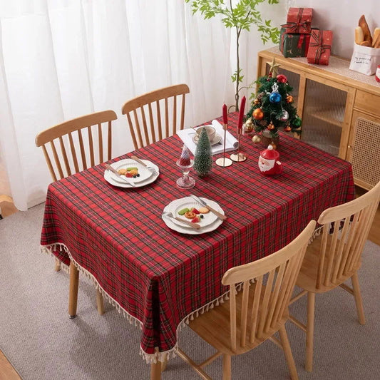 Nappe de Noël en tartan rouge polyester à pampilles
