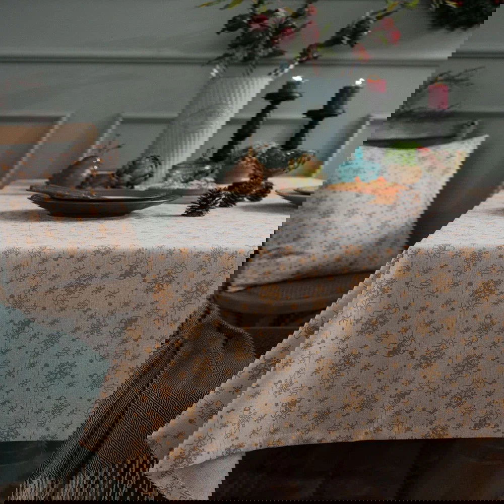 Nappe de Noël imprimée en coton lin écru et or