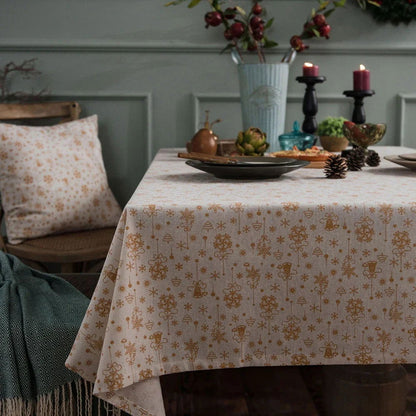Nappe de Noël imprimée en coton lin écru et or
