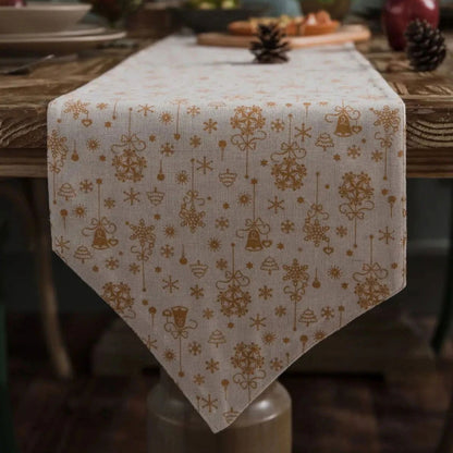 Nappe de Noël imprimée en coton lin écru et or