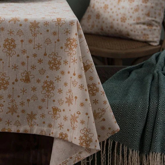 Nappe de Noël imprimée en coton lin écru et or
