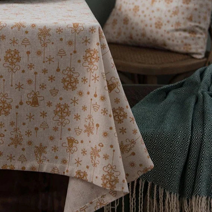 Nappe de Noël imprimée en coton lin écru et or