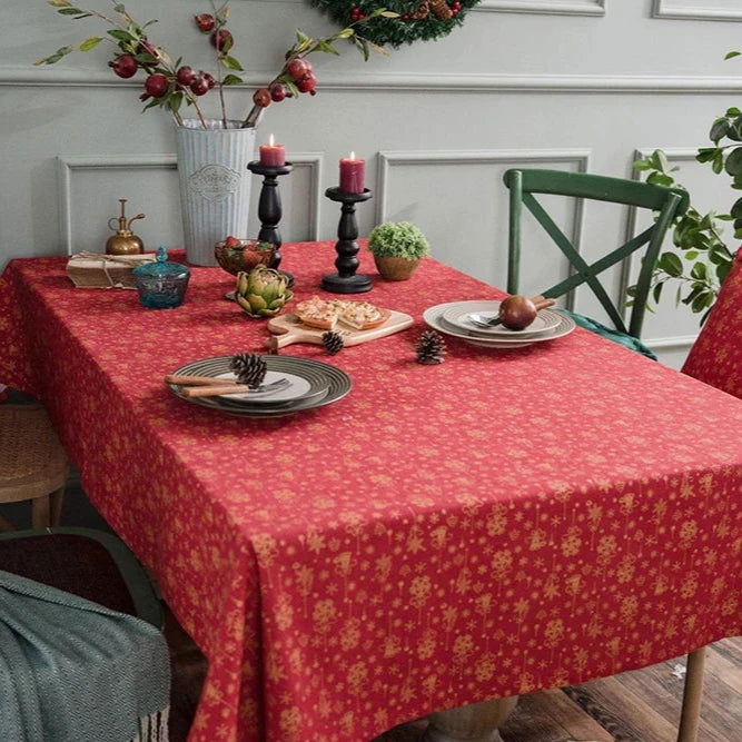 Nappe de Noël imprimée en coton lin rouge et or