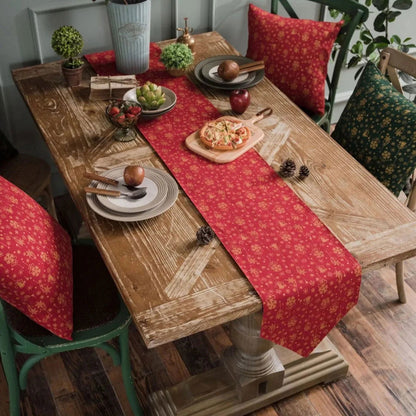 Nappe de Noël imprimée en coton lin rouge et or