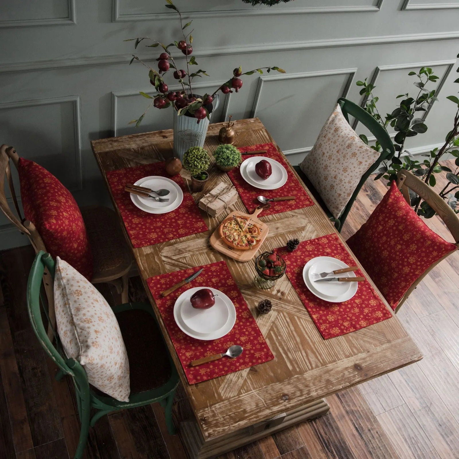Nappe de Noël imprimée en coton lin rouge et or