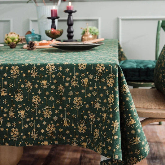 Nappe de Noël imprimée en coton lin vert et or