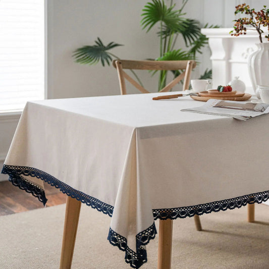 Nappe imprimée en coton lin bordure dentelle blanc