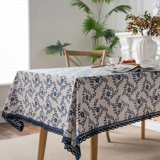 Nappe imprimée en coton lin bordure dentelle style campagne fleurs bleues