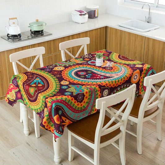 Nappe imprimée en lin motif Batik Cashemire orange et bleu