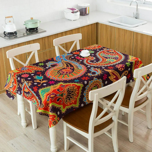 Nappe imprimée en lin motif Batik Cashemire rouge et bleu