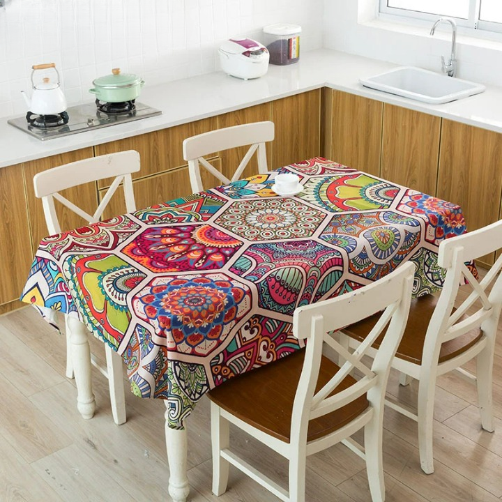 Nappe imprimée en lin motif Mandala octogone