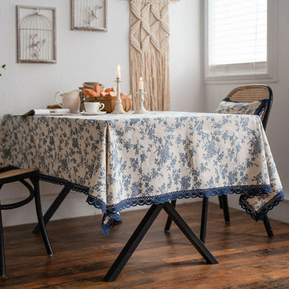 Nappe imprimée fleurie en coton lin bordure dentelle