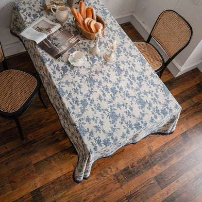 Nappe imprimée fleurie en coton lin bordure dentelle