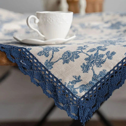 Nappe imprimée fleurie en coton lin bordure dentelle