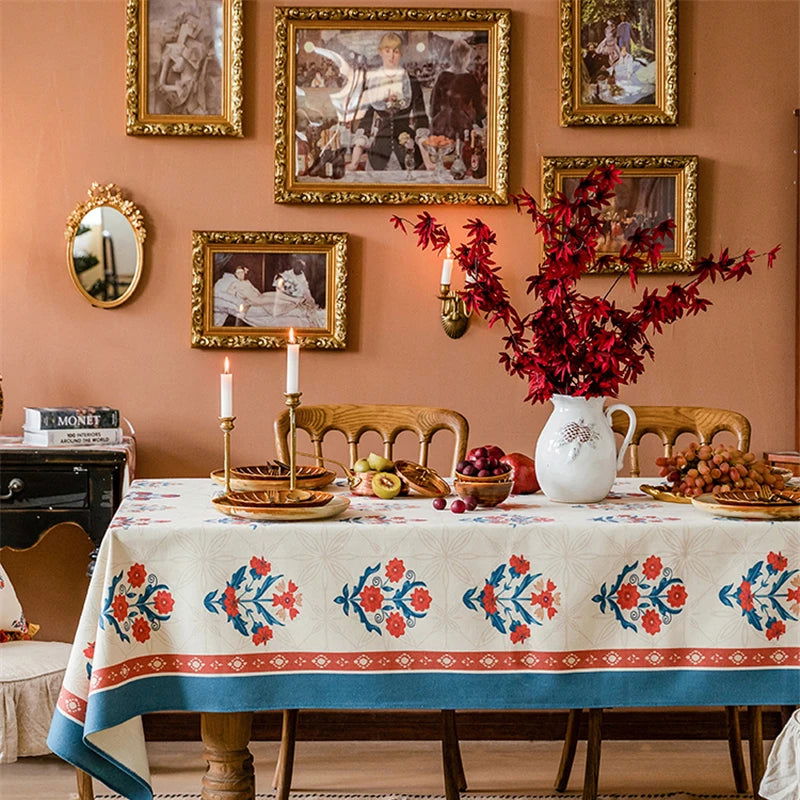 Nappe imprimée laine de lin tissée déco vintage américaine bleu