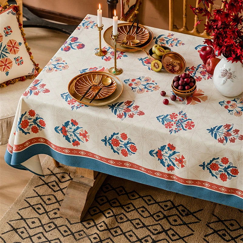Nappe imprimée laine de lin tissée déco vintage américaine bleu