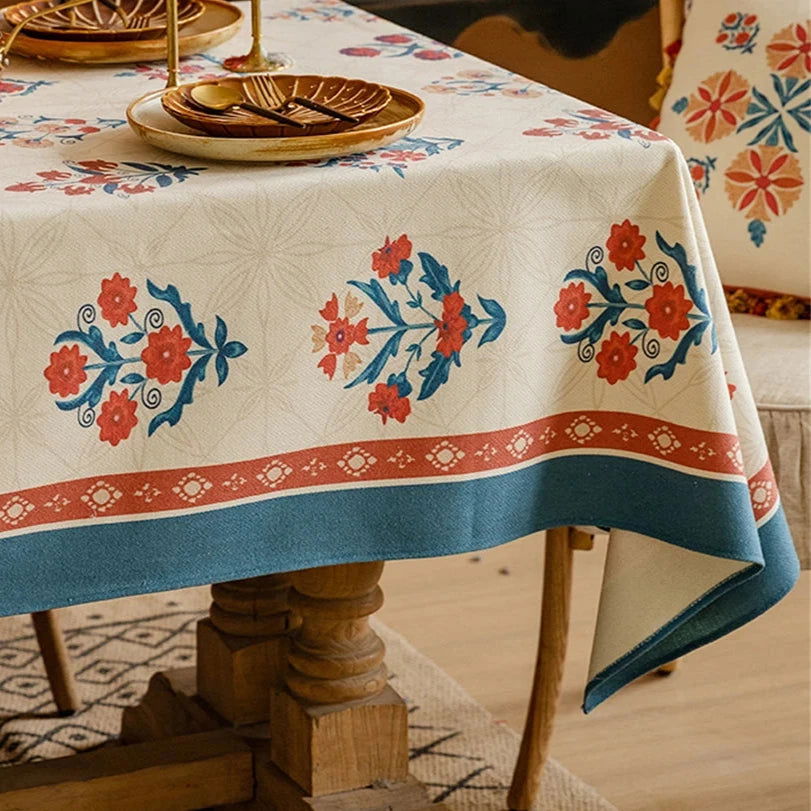 Nappe imprimée laine de lin tissée déco vintage américaine bleu