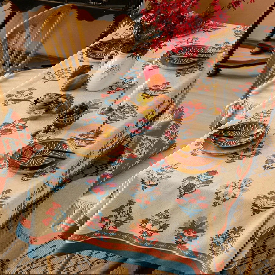 Nappe imprimée laine de lin tissée déco vintage américaine bleu