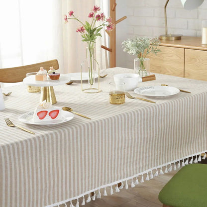 Nappe rayée en coton lin beige