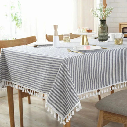 Nappe rayée en coton lin bleu