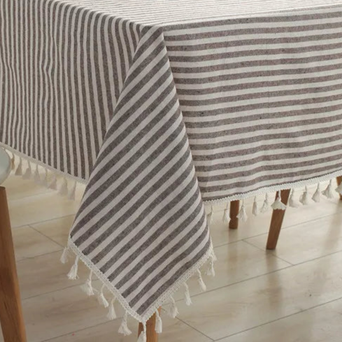 Nappe rayée en coton lin marron