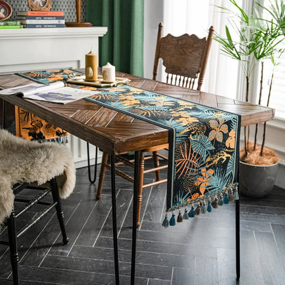 Chemin de table Jacquard en polyester à pampilles style vintage 'Tropical'