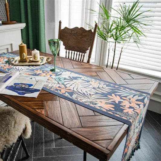 Chemin de table Jacquard en polyester à pampilles style vintage 'Tropical'