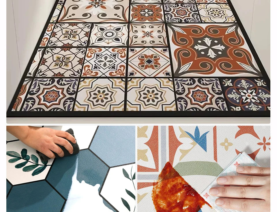 Tapis Cuisine Lavable En Cuir Pvc Amortissant Motif Carreaux Ciment Zelliges Terracotta