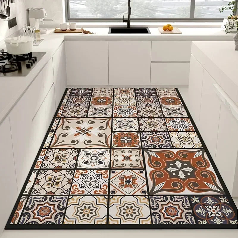 Tapis Cuisine Lavable En Cuir Pvc Amortissant Motif Carreaux Ciment Zelliges Terracotta