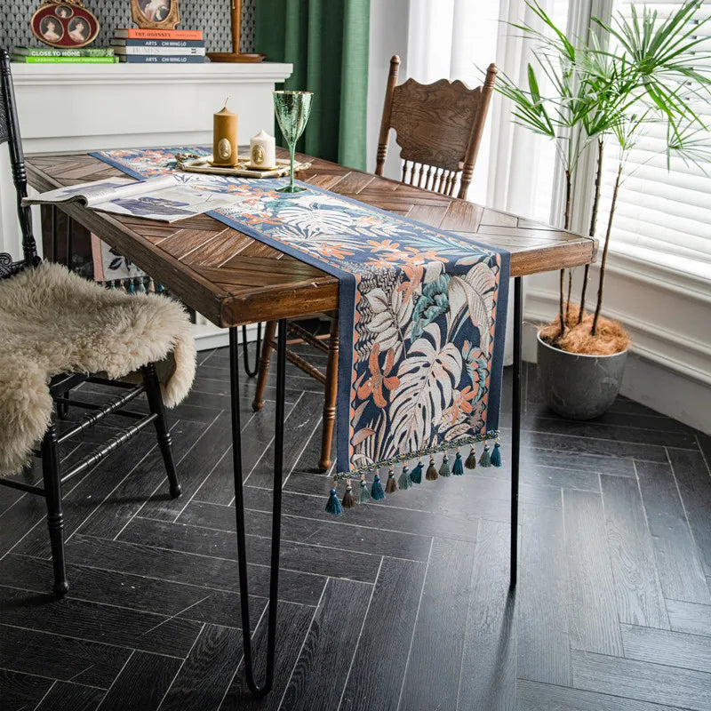 Chemin de table Jacquard en polyester à pampilles style vintage 'Tropical'