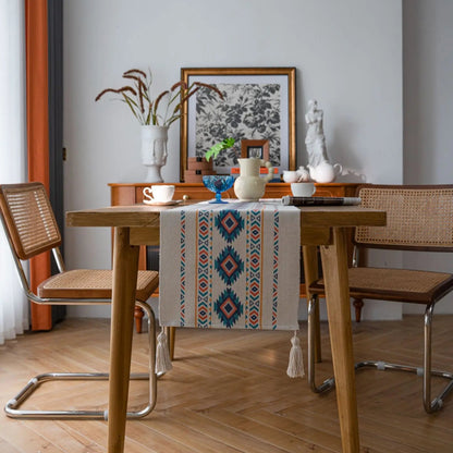 Chemin de table en coton épais imprimé motif Boho à pampilles